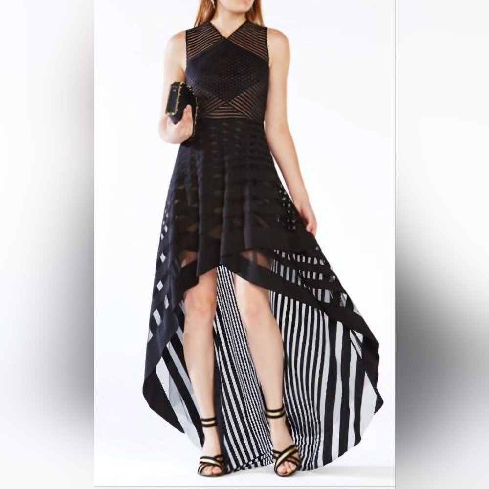 BCBGMaxAzria Keana hi-low, black, sleeveless formal dress with goreous layerying